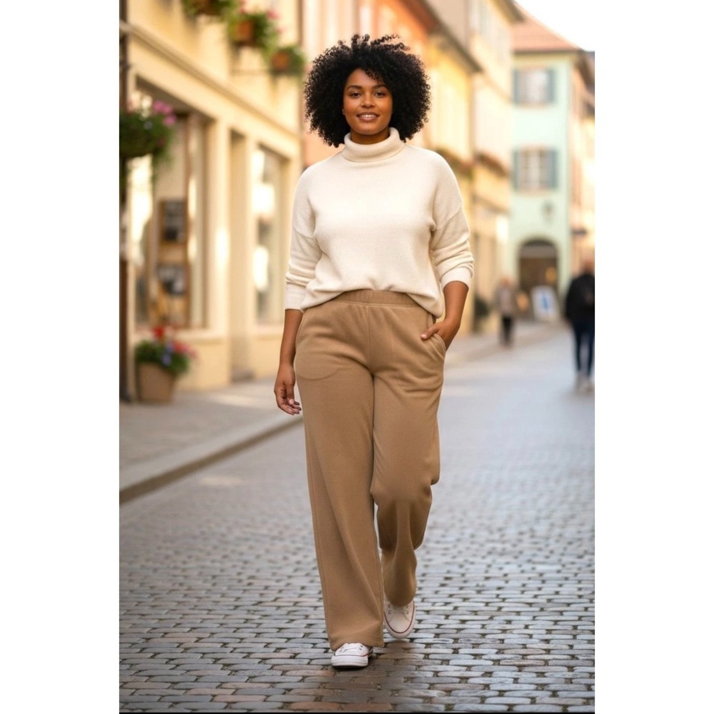 (J-271) d&co. Active Fleece Pull-On Wide Leg Crop Pants Tan MP QVC New No Tags